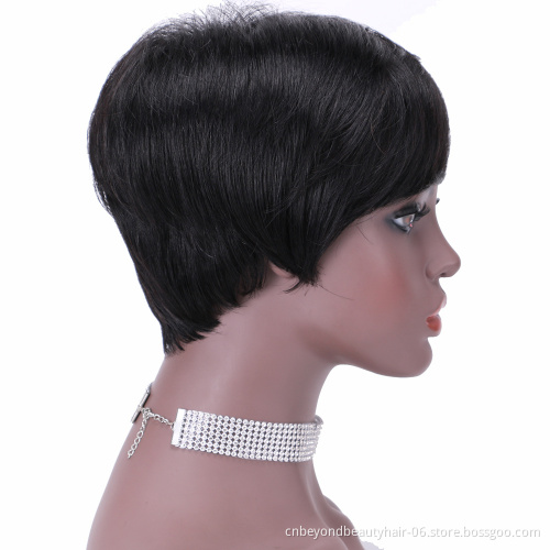 Natural Looking Short Human Hair Wigs Pixie Cut Dark Root Ombre Natural Black Wigs with Bangs Wigs for Women